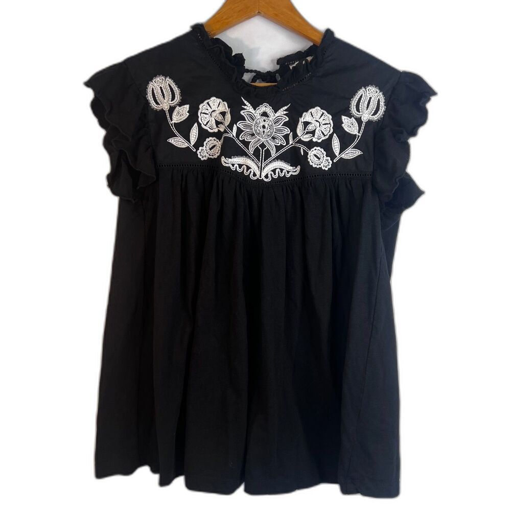 Knox‎ Rose Embroidered Bodice Ruffled Flutter Sleeve Boho Blouse Cottage Size MD